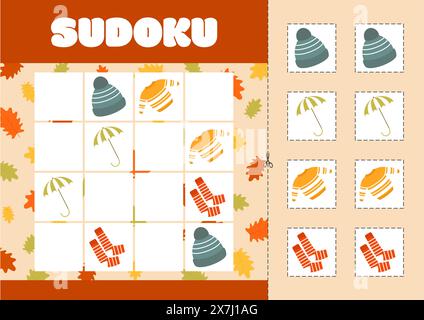 Sudoku with pictures on the theme of autumn. Children's logic puzzle game. Vector illustration Stock Vector