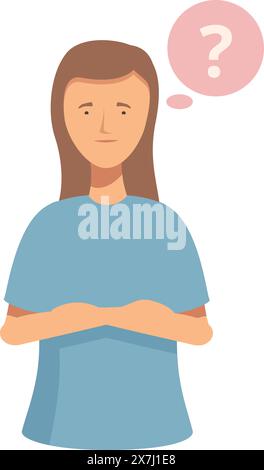 Illustration of a thoughtful woman with arms crossed and a question mark in a thought bubble Stock Vector
