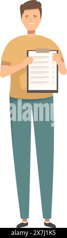 Illustration of a young adult male standing and holding a clipboard with a checklist, representing organization, productivity, and task management in a flat cartoon character design vector Stock Vector