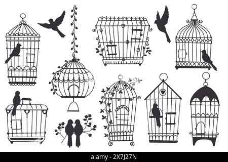 Cages and birds. Black hand drawn silhouettes. Decorative openwork houses made of metal rods for parrots and canaries. Pets homes with ivy leaves. Vin Stock Vector