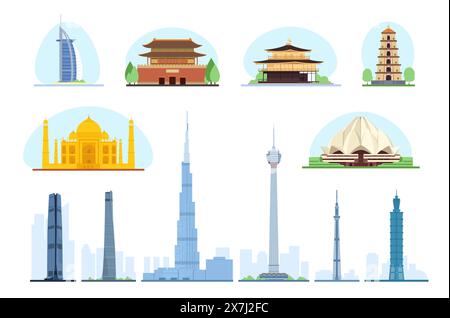 Asian buildings. Travel famous landmarks. Ancient palaces and modern skyscrapers. Oriental temples. Tourism journey. Historical pagodas. Towers flat s Stock Vector