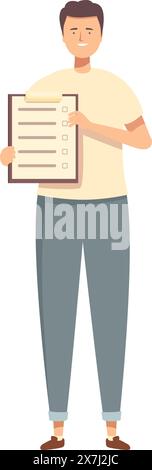 Professional male character presenting a checklist document on a clipboard in flat design illustration, holding a list of tasks for organization, planning, and efficient business management Stock Vector