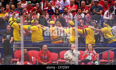 Ostrava, Czech Republic. 20th May, 2024. Swedish fans celebrate victory after the 2024 IIHF World Championship, group B, match Sweden vs France, in Ostrava, Czech Republic, on May 20, 2024. Credit: Jaroslav Ozana/CTK Photo/Alamy Live News Stock Photo