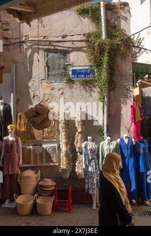 Tunis, Tunisia. 7th May 2024 Goods outside a shop on Rue Sidi Saber, one of the many narrow streets that make up the Medina or Kasbah of Tunis, a busy Stock Photo