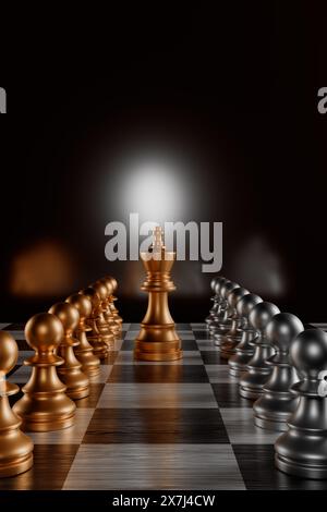 Golden and silver chess pieces on a chessboard with a glowing light in the background.3d rendering Stock Photo