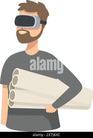 Illustration of a modern architect holding blueprints while wearing a vr headset Stock Vector