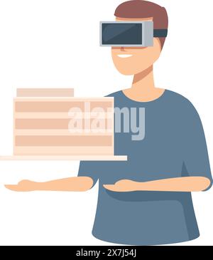 Flat design of a smiling male with vr glasses interacting with a floating 3d bar chart hologram Stock Vector