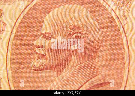 Vladimir Lenin on a 1961 ten ruble paper bill, macro photo, USSR money Stock Photo