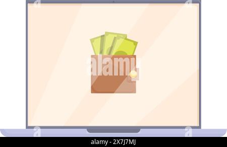 Vector illustration of a wallet with cash on a laptop screen, symbolizing online finance Stock Vector