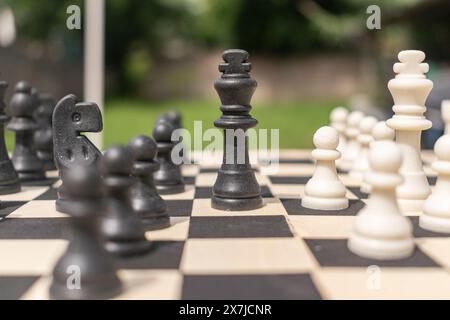 Rustic chess set, the board is made of wood and the pieces are made of recycled plastic. The chessboard is outside in the spring and summer garden. Ch Stock Photo