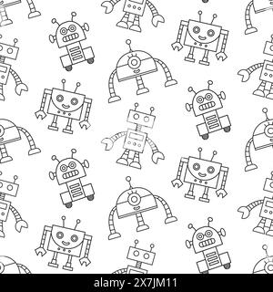 Cute Fun Robots Seamless Pattern Doodle Background Stock Vector