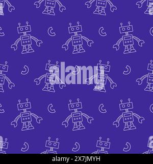 Cute Fun Robots Seamless Pattern Doodle Background Stock Vector