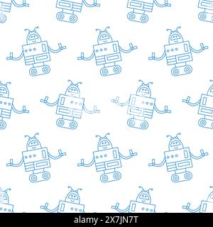 Cute Fun Robots Seamless Pattern Doodle Background Stock Vector