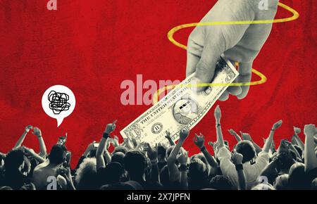 Corruption and dirty money concept art. Politician taking 100 dollar from the people causing riot and angry people. Conceptual 3d collage art Stock Photo