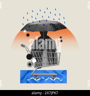 Collage art of a man sheltering under an umbrella while riding a shopping cart trolley. Heavy rain causing flood Stock Photo