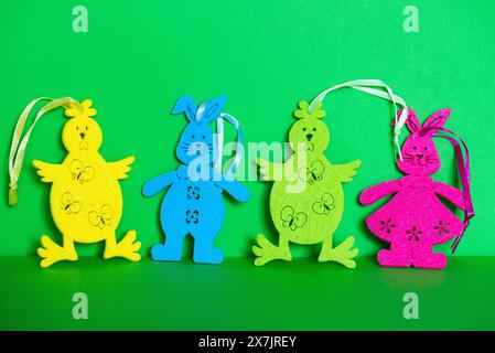 Colourful Easter chicks and Easter bunny decorations Stock Photo