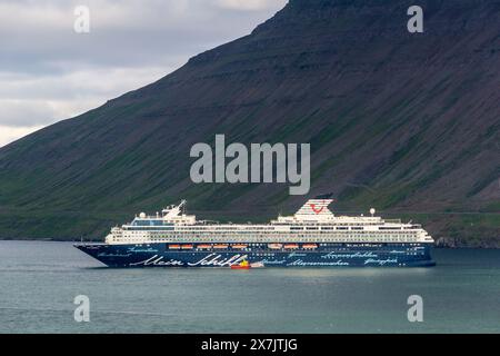 ISAFJORDUR, ICELAND - JULY 7, 2014: Mein Schiff 2 cruise ship of Tui Cruises company departing from Isafjordur, Iceland Stock Photo