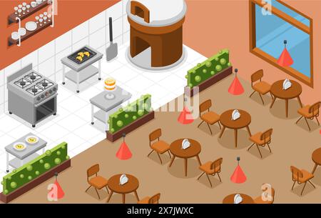 Isometric cafeteria. Pizzeria interior with special stove, tables and open kitchen. Restaurant italian cuisine with counter and meals, flawless vector Stock Vector