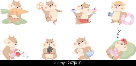 Funny hamster. Cute cartoon hamsters in different situations. Fluffy domestic pets playing and eating, sleeping and running, nowaday vector clipart Stock Vector