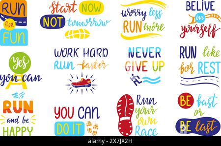 Running sport phrases. Motivational run lettering quotes with sporty elements. Hand drawn typography design for clothes prints, neoteric vector set Stock Vector