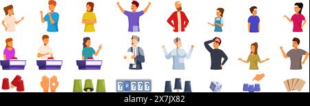 Winning guessing game vector. A group of people are playing a game with a timer and a deck of cards. Scene is lighthearted and fun Stock Vector