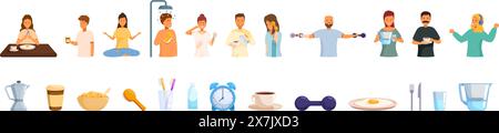 Morning ritual vector. A group of people are shown in various activities such as eating, drinking, and exercising. Concept of a healthy lifestyle and the importance of taking care of one body Stock Vector