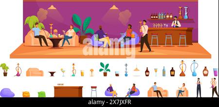 People shisha bar vector. A cartoonish drawing of a bar with people sitting in couches and chairs. Scene is relaxed and social Stock Vector