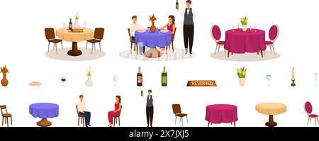 Restaurant table served romantic dating vector. A series of images of a restaurant with a man in a vest serving food. The man is wearing a tie and is standing behind a table. The table has a vase and a wine bottle on it Stock Vector