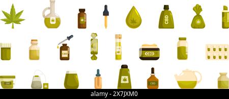 Hemp cannabinoid extract vector. A collection of various green items, including bottles, cups, and bags, with the word cannabis written on some of them Stock Vector