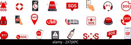 Sos sign vector. A collection of icons for the SOS button, including a cell phone, a bottle, a red SOS button, and a red SOS sign Stock Vector