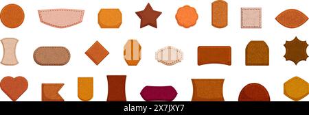 leather labels stitches vector. A collection of various shapes and sizes of brown and orange objects. The shapes are all different and appear to be made of different materials Stock Vector