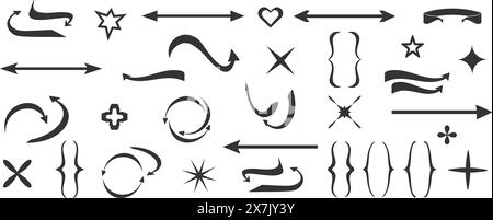 Set of long arrows and abstract symbols.Circular arrows. Mathematical brackets. Vector  Stock Vector