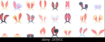 Easter bunny ears mask vector. A collection of cartoon rabbit ears in various colors and styles. The image conveys a playful and whimsical mood, as the ears are designed to resemble cartoon rabbit ears Stock Vector