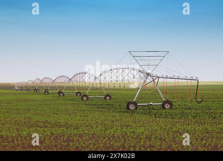 Irrigation system on wheels on new crop field Stock Photo