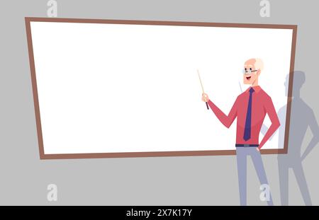 Teacher pointing man holding pointer in hands and standing near empty white board Stock Vector