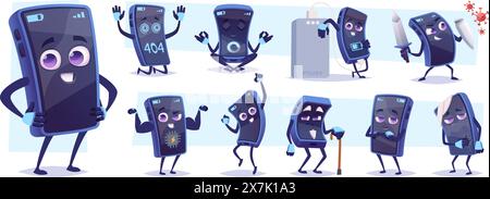 Smartphone mascot. Cartoon mobile phone with hands and emotional faces posing exact vector template character Stock Vector