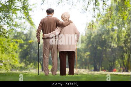 Rear view shot of a senior man and woman in embrace in a park Stock Photo