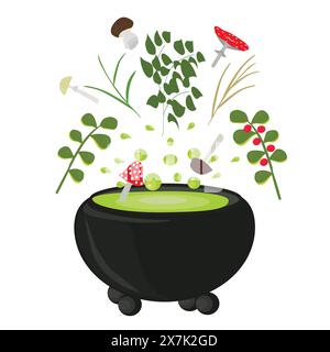 Cauldron with witchs potion and ingredients. Vector illustration isolated on white background. Stock Vector
