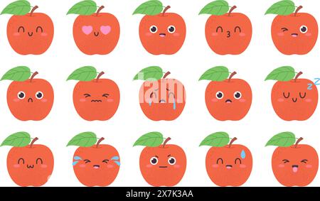 Apple cute face. Red apples funny faces with different emotions. Happiness, surprise, in love and crying fruit. Childish mascot, racy vector set Stock Vector