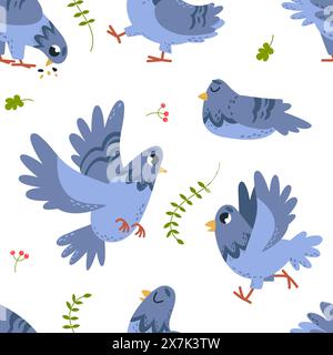 Pigeons seamless pattern. Cartoon birds flying and pecking seeds. Cute dove fabric or wrapping print design. Decorative classy vector background Stock Vector