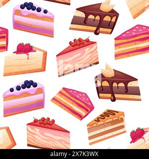 Cakes seamless pattern. Creamy cake slices with berry, chocolate and jam. Cafe or cafeteria food, fabric wrapping print design, nowaday vector Stock Vector