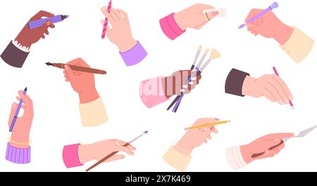 Painter hands. Hand holding pencil, pen, marker and brushes. Artist tools, paint knife and eraser, pastel stick. Different art elements racy vector Stock Vector