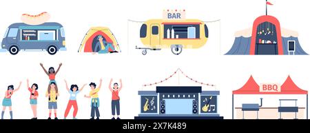 Open air festival elements. Food truck, stage and bbq zone with equipment. Happy hippie club friends, guy with tent, recent flat vector icons Stock Vector