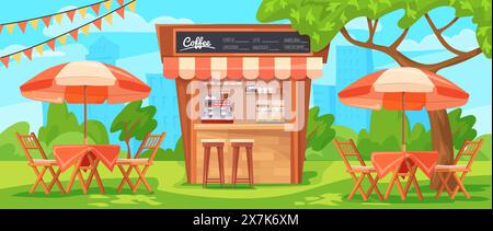 Cartoon outdoor cafe. Cafeteria booth or restaurant terrace outside patio, summer street bistro exterior, dining lunch veranda with table and bench chair, neat vector illustration of cafeteria cartoon Stock Vector