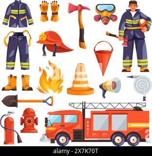 Cartoon firefighter equipment. Fire fighting tools, fireman protection uniform firefighting firemen gear red helmet flasher hose extinguisher icon vector illustration of equipment of firefighter Stock Vector