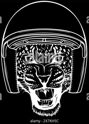 leopard head in white line on black background Stock Vector