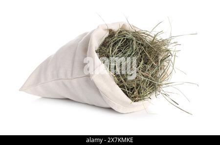 Dried hay in burlap sack isolated on white Stock Photo