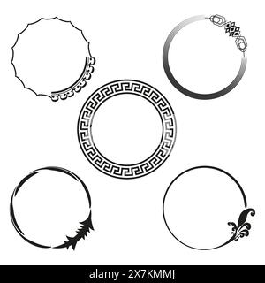 Assorted decorative frames set. Black and white circular borders. Vector ornate designs. Stock Vector
