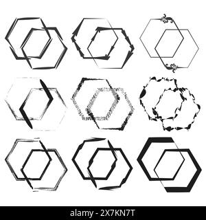 Assorted hexagonal frames set. Black and white geometric borders. Vector decorative designs. Stock Vector