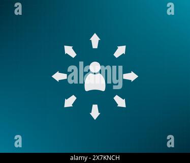 The choice of the way, the solution of the problem, a serious choice. Arrows pointing different directions around a person.Vector icon. Stock Vector